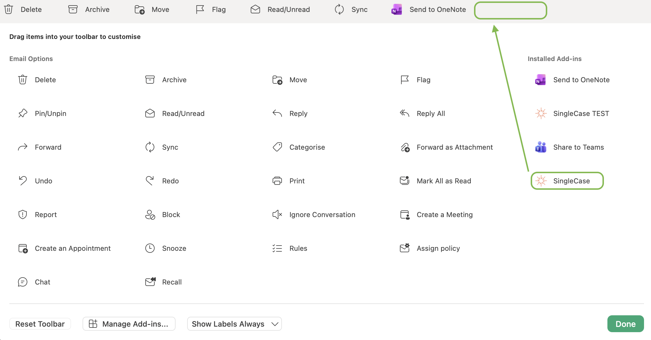 Customise Toolbar dialog showing SingleCase in the Installed Add-ins panel, ready to be dragged to the toolbar